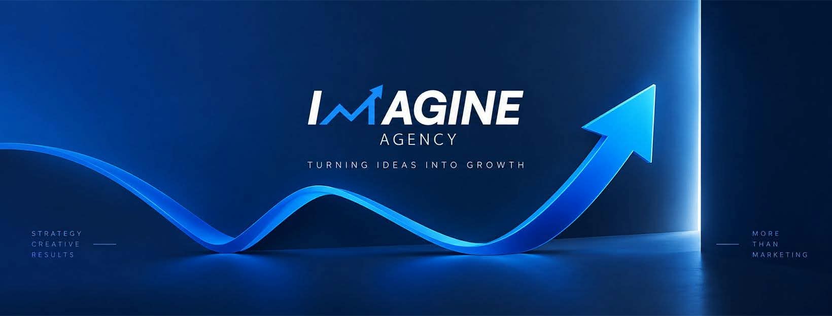 تصميم Imagine Agency وسهم أزرق صاعد مع شعار Turning Ideas Into Growth